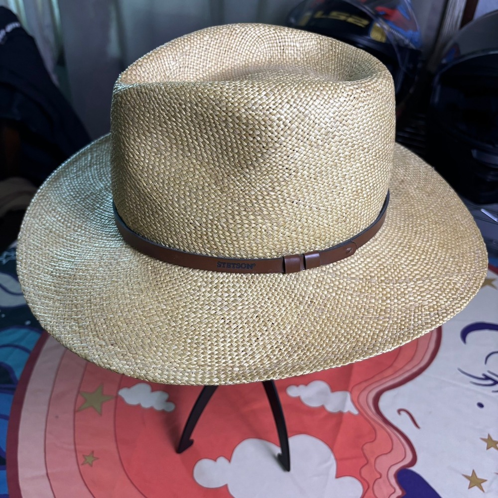 Stetson Straw Fedora Hat Natural Tan Made in USA Large 7 1/4-7 3/8 Leather Band